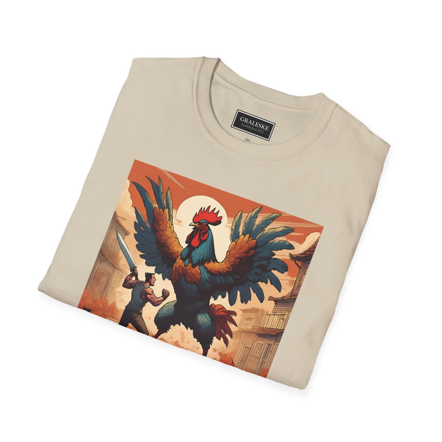 Rooster Softstyle T-Shirt - Vintage Rooster & Man Battle Design - Graleske