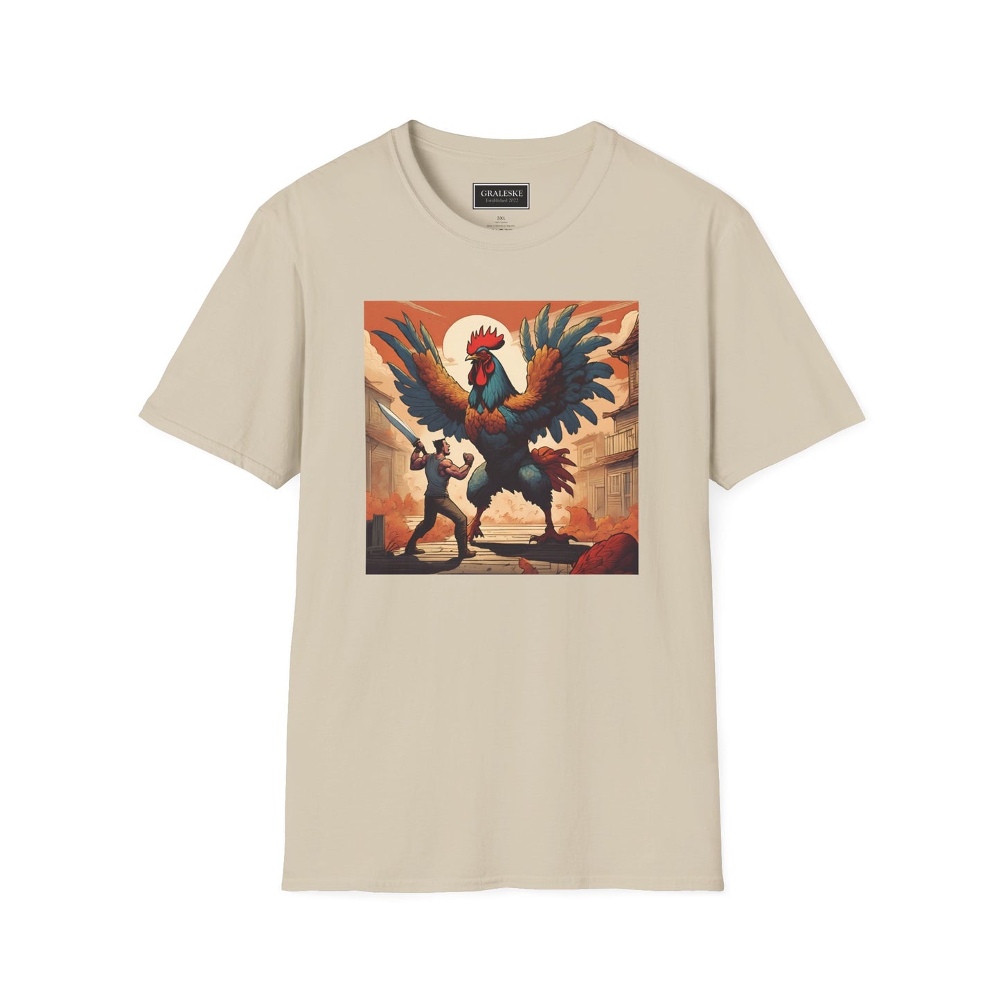 Rooster Softstyle T-Shirt - Vintage Rooster & Man Battle Design - Graleske