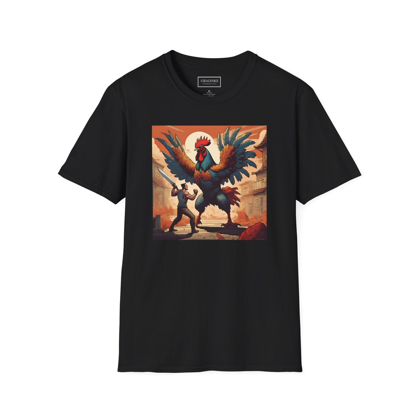 Rooster Softstyle T-Shirt - Vintage Rooster & Man Battle Design - Graleske