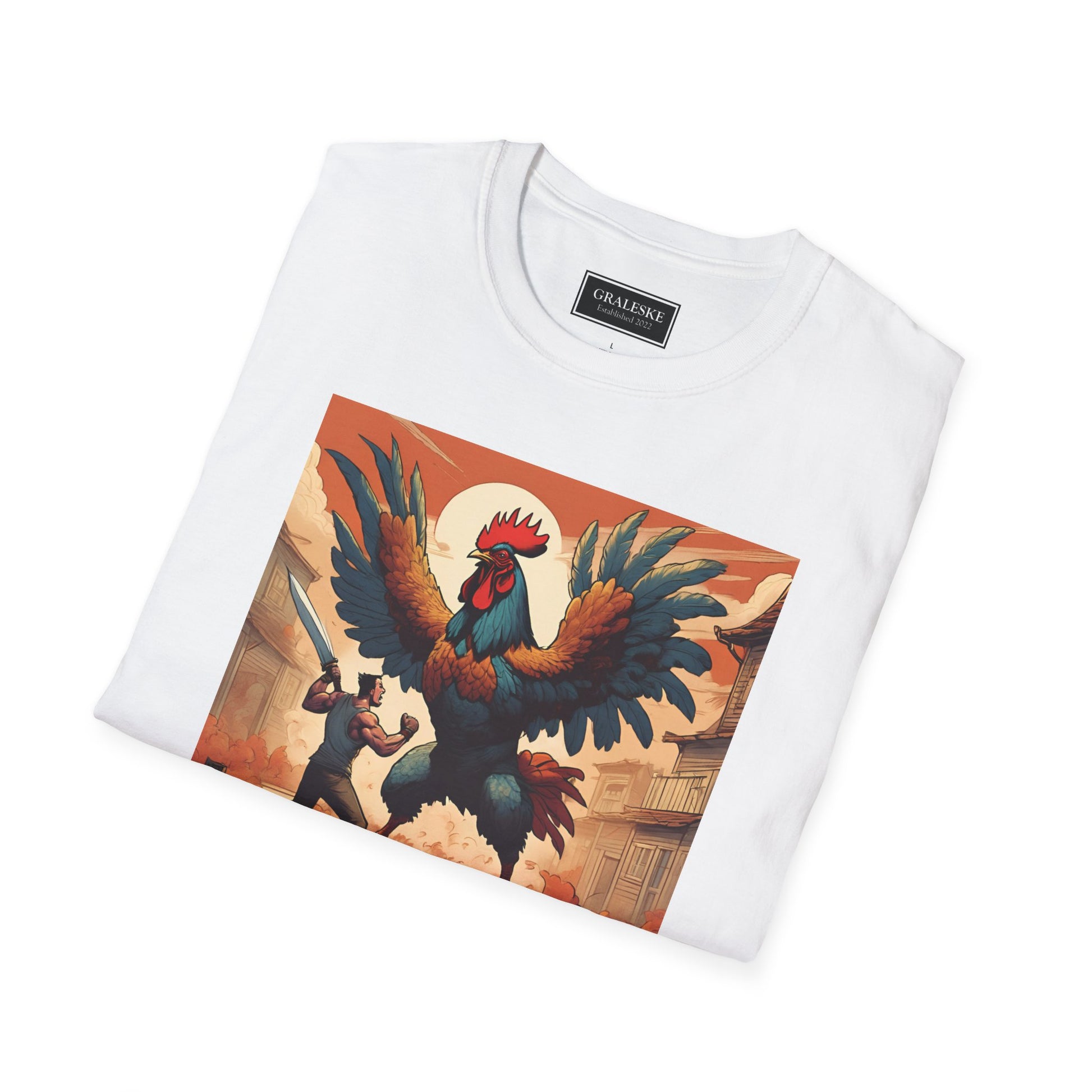 Rooster Softstyle T-Shirt - Vintage Rooster & Man Battle Design - Graleske