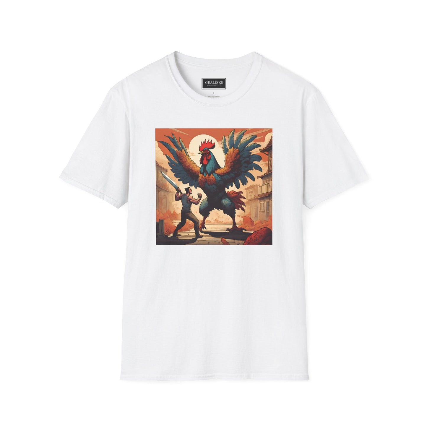 Rooster Softstyle T-Shirt - Vintage Rooster & Man Battle Design - Graleske